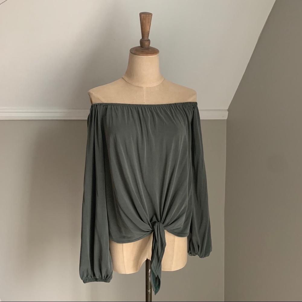 Off the shoulder long sleeve tie front top